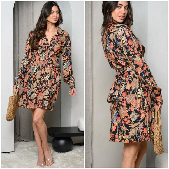 Polagram Dresses & Skirts - FEW LEFT❗️POLAGRAM Black Floral Long Sleeves Short Dress